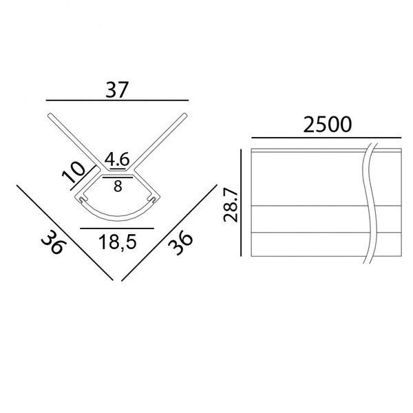Профиль с рассеивателем для светодиодной ленты Profile W&T OUT. L 2500mm, h 36mm, w 36mm (12.2510.WT.OUT.25) 12.2510.WT.OUT.25 фото